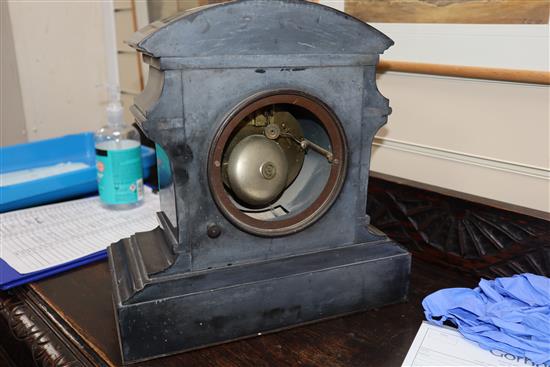 A Victorian slate and malachite mantel clock, height 32cm